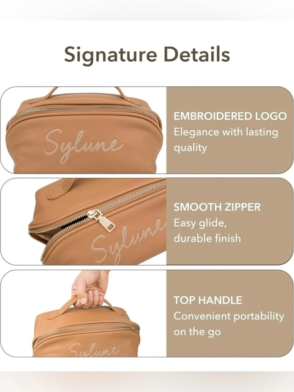 Sylune Classic Makeup Bag , Pebbled Faux Leather ,  Camel Brown